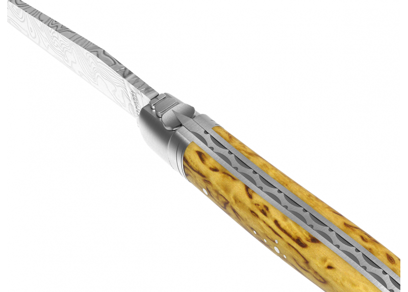 Couteau Laguiole collection damas avec un manche en bois de bouleau et 2 mitres en acier inoxydable