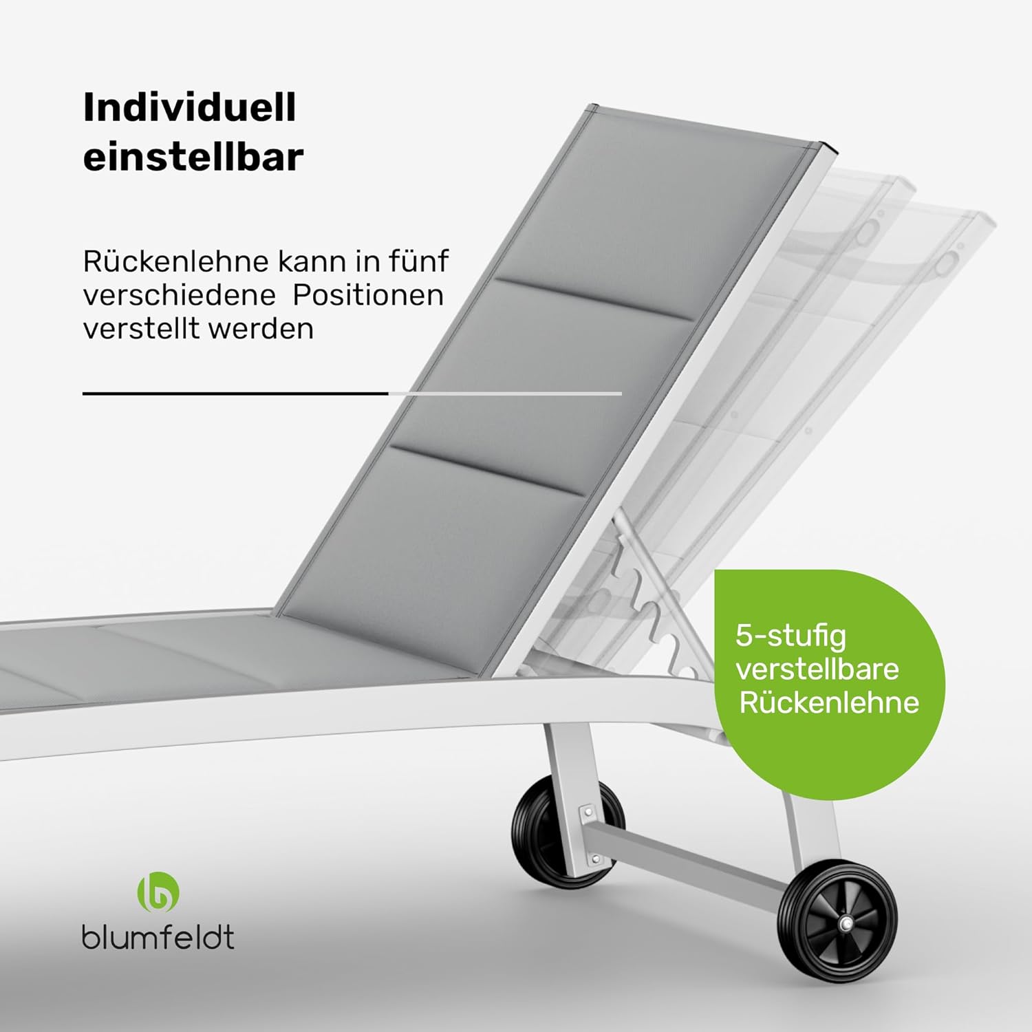 blumfeldt Sonnenliege, Gartenliege mit Verstellbarer Rückenlehne, Liegestuhl mit Rahmen aus Aluminium, Lounger mit wasserfesten Bezügen, mit Bodenrollen, Typ: Limala, weiß