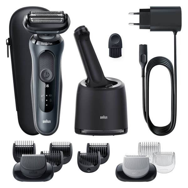 Braun Series 6 61-N7650cc Elektrorasierer mit 2 EasyClick-Aufsätzen, Reinigungsstation, Grau