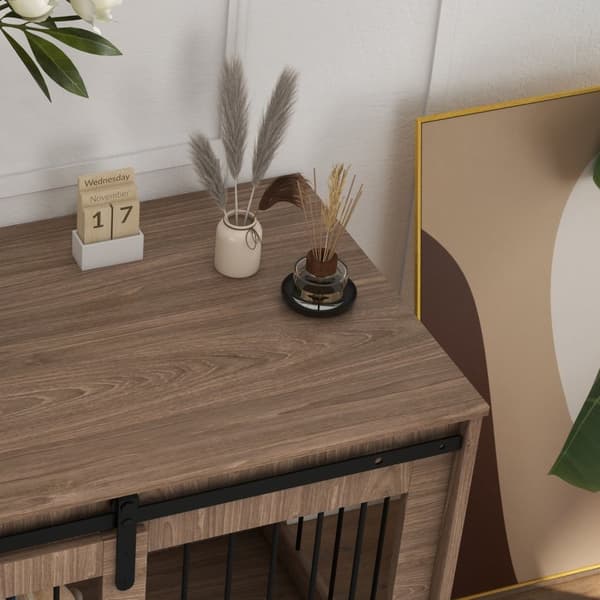Hundebur Hundeboks Med Skyvedør, Innendørs Hundehus Med Trelook, Låsing, For Store Hunder Opptil 30 Kg, 98 X 58 X 67 Cm, Valnøtt