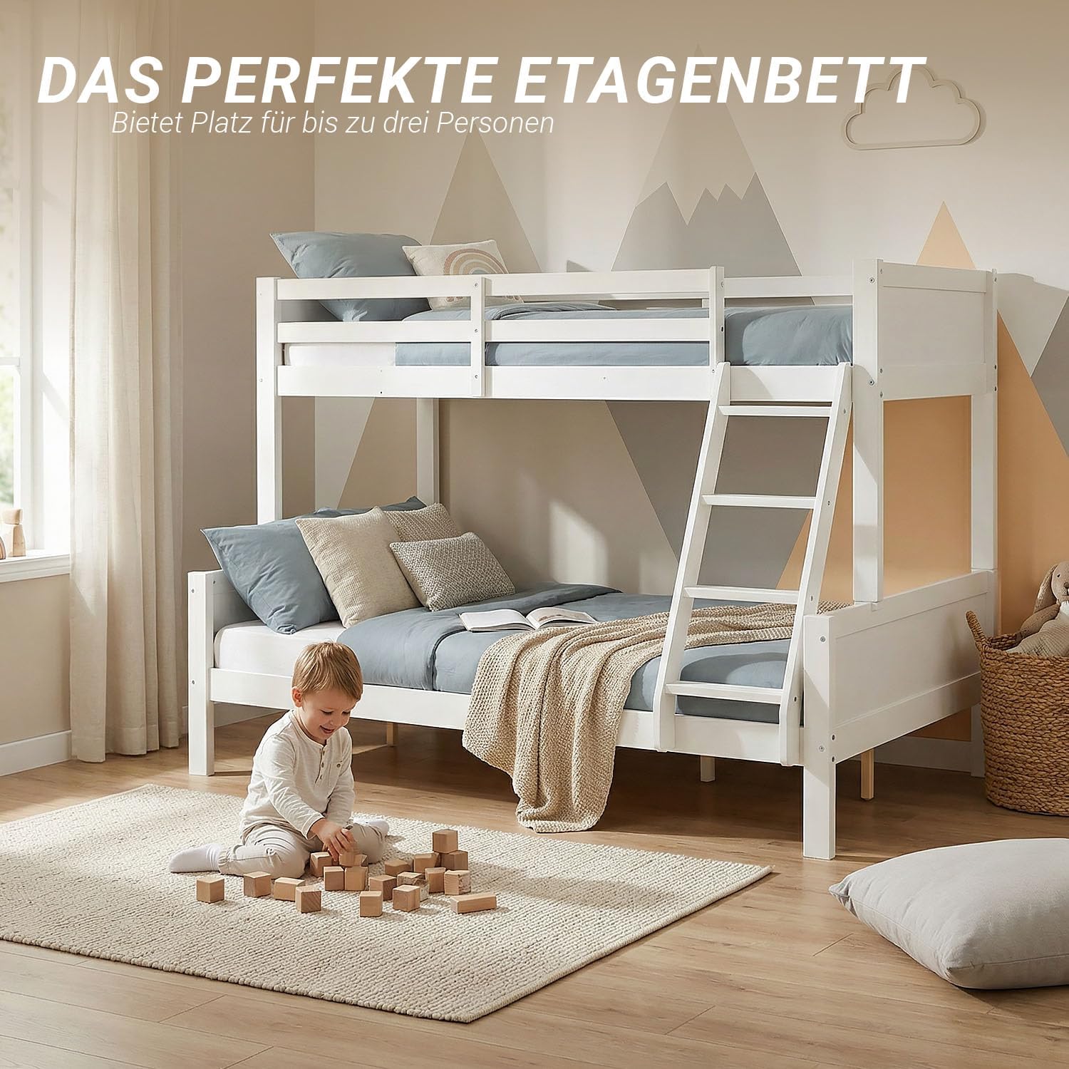 Homestyle4u Kinderbett 90x200 und 140x200 Hochbett Jugendbett Etagenbett 2 Kinder inkl. Lattenrost Kiefer Holz Weiß | Artikel 1898