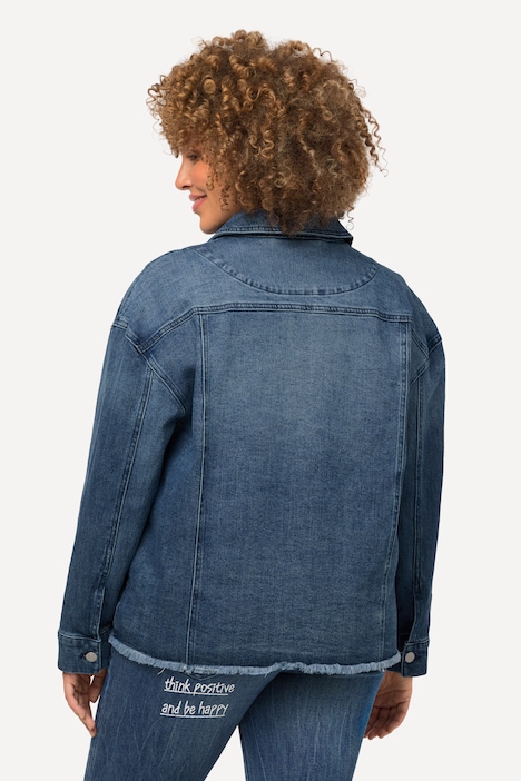 Jeansjacke, Schriftdruck, Oversized, Fransen, Hemdkragen