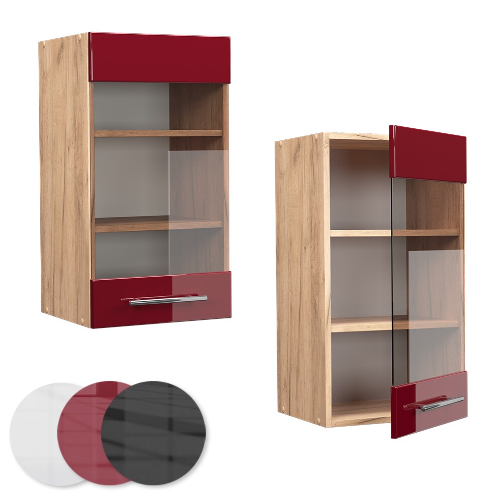 Vicco Hängeglasschrank Küchenschrank Küchenmöbel Fame-Line Eiche Rot Bordeaux modern 40 cm Küche Einbauküche Hängeschrank Glasschrank Drehtür Einlegeboden Küchenzeile Hochglanz