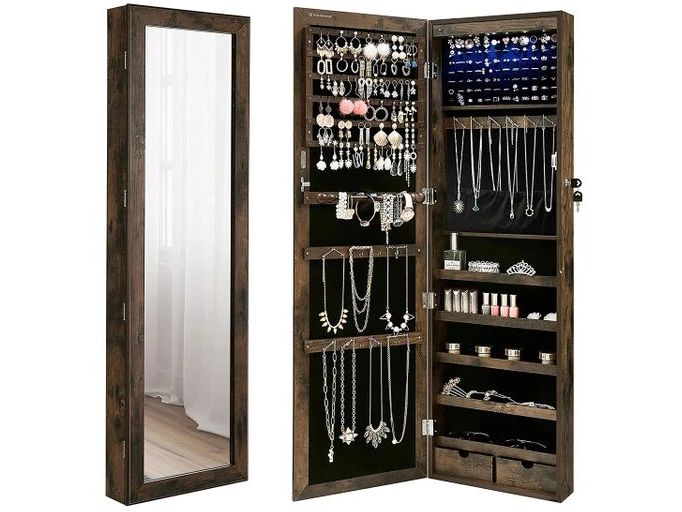 Songmics Schmuckhalter mit Spiegel 37 x 10 x 120 cm, Braun Schmuckschrank