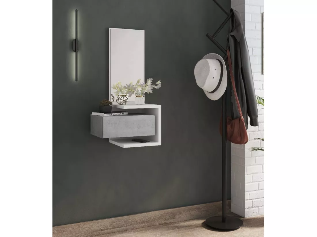 Meuble d'entrée avec miroir, entrée pour hall avec tiroir et étagère, Vide-poche pour petits appartements, 43x32h90 cm, Couleur Blanc et Béton