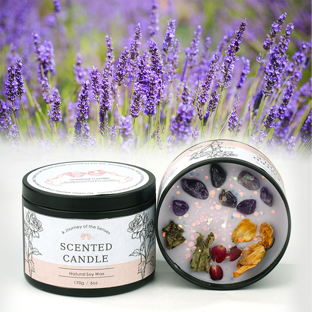 Duft Kerze in Dose Aromatherapie Sojawachs Kerze Home Deko Kristall Steine / Blumen - Lavendel