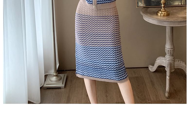 EFO - Set: ronde hals chevronpatroon vest + hoge taille kokerrok