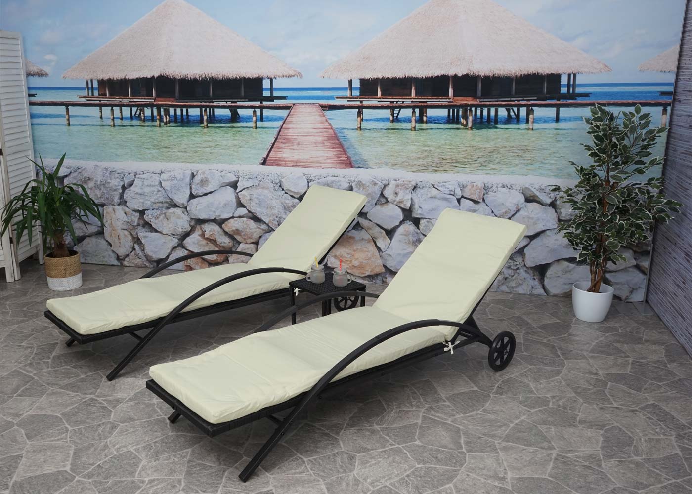 2er-Set Sonnenliege MCW-E27, Relaxliege Gartenliege, Poly-Rattan ~ schwarz, Kissen creme-beige