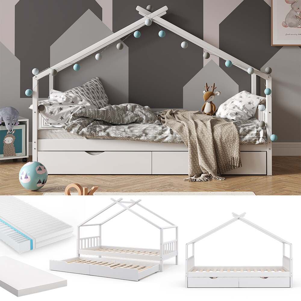 VitaliSpa Kinderbett Hausbett Gästebett Design Lattenrost 90x200 Matratze Weiß