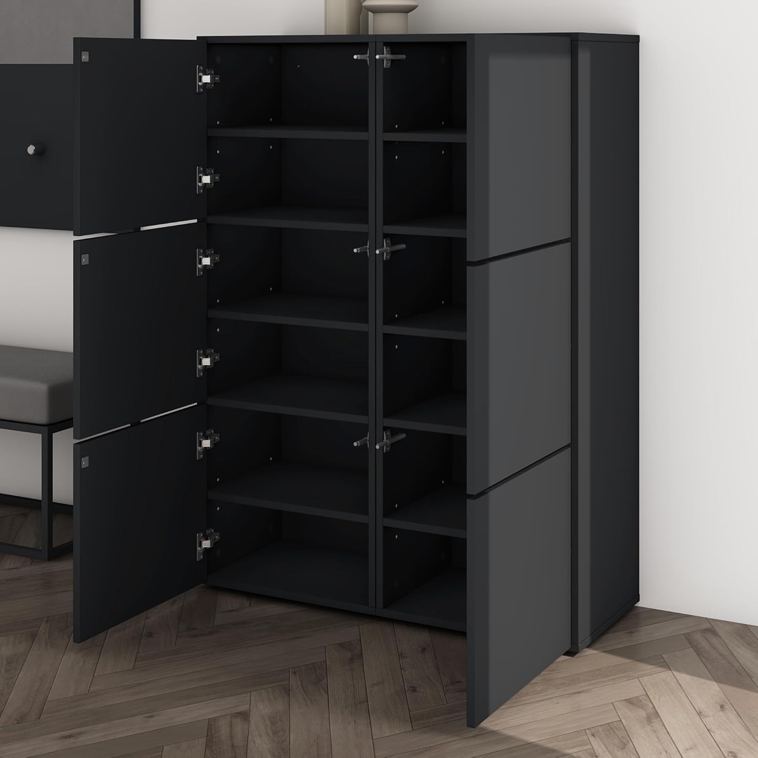 Mai & Mai Schuhschrank Schuhkommode mit 3 Schränken BTH: 45x36x120 cm Schuhregal Möbel in Weiß matt Schuhschrank02