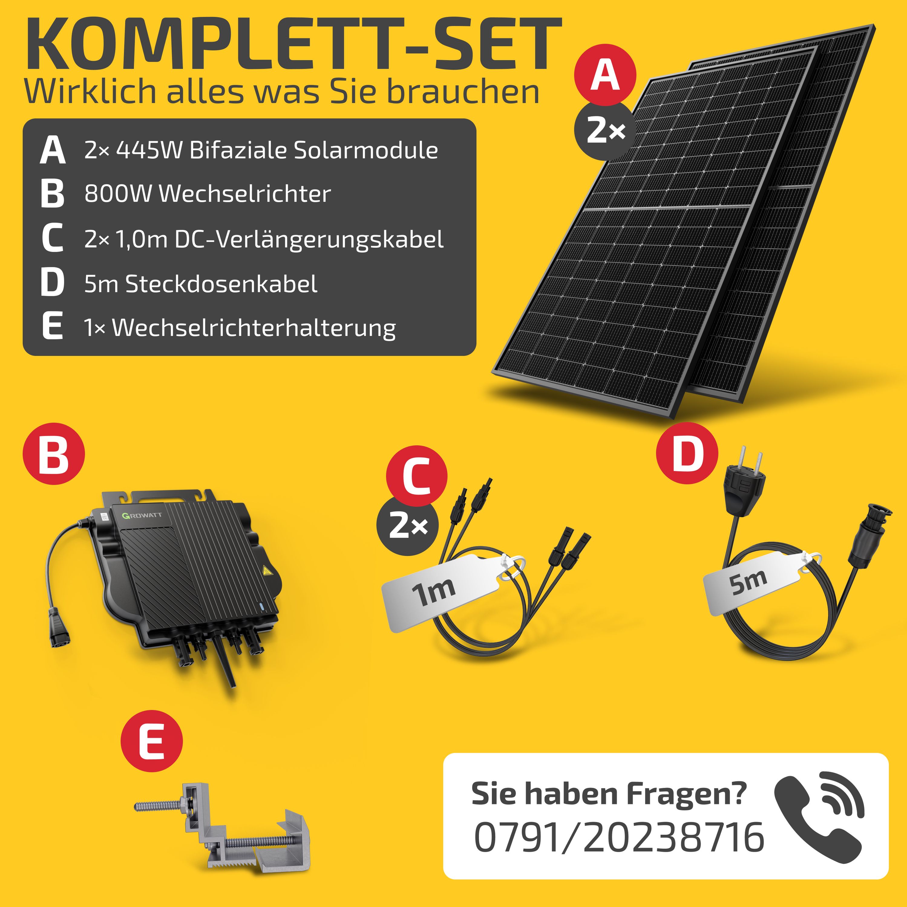 Balkonkraftwerk 890W/800W Solaranlage Steckerfertig Komplettset Photovoltaik Anlage 800W, Kabellänge: 5m, Solakon - onLite