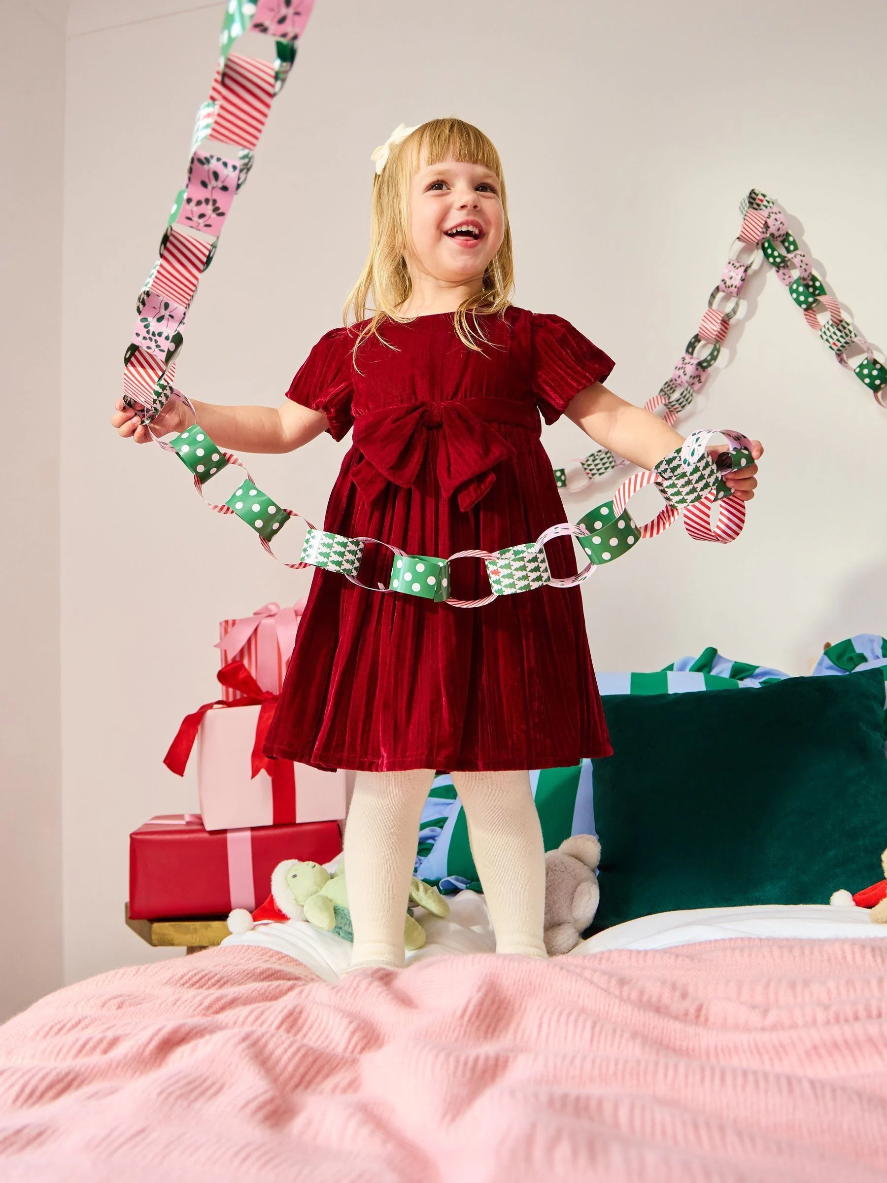 JoJo Maman Bébé Velvet Puff Sleeve Party Dress with Bow