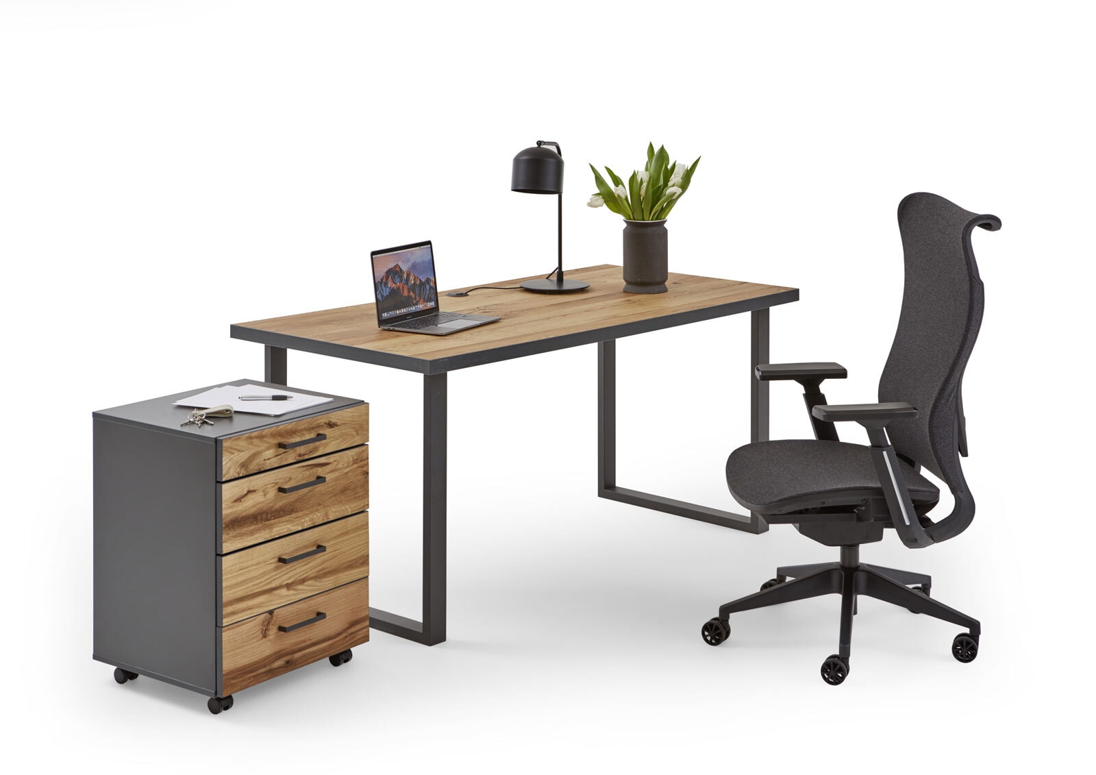 Schreibtisch Balkeneiche furniert Gestell/Kante Graphit 160x75x80 cm