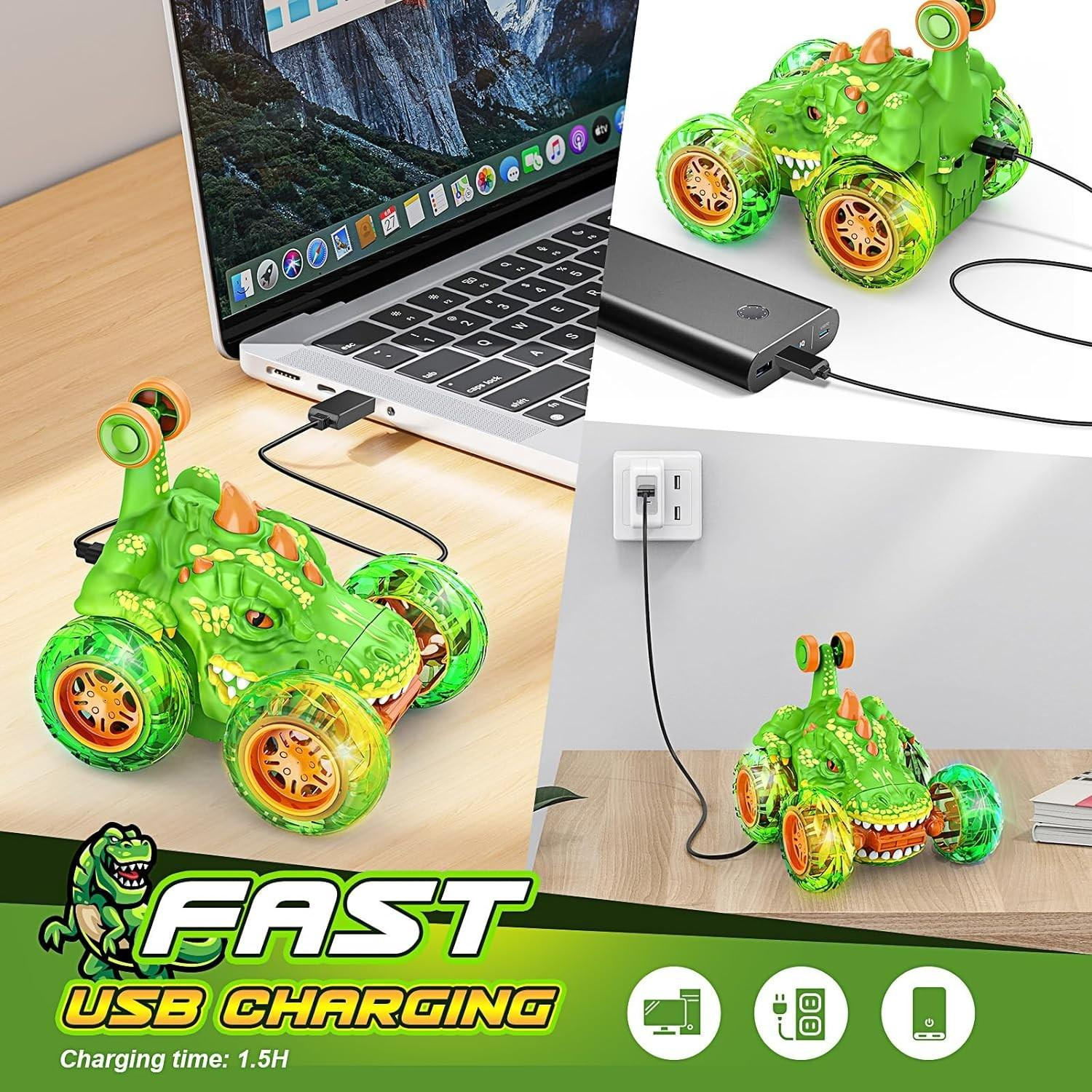 (13cm) Ferngesteuertes 2.4GHz RC Spielzeug Auto Stunt Offroad Car mit 360° Drehung   LED Licht - Dinosaurier