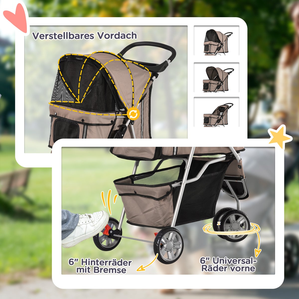 PawHut Hondenbuggy, 75L x 45B x 97H cm, 600D Oxford, Nylon Mesh, Koffiebruin + Zilver