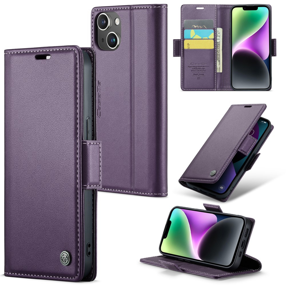 iPhone 14 Leder Tasche Flip Wallet Etui mit Kartenfächern Litchi Look (RFID Schutz) - Violett