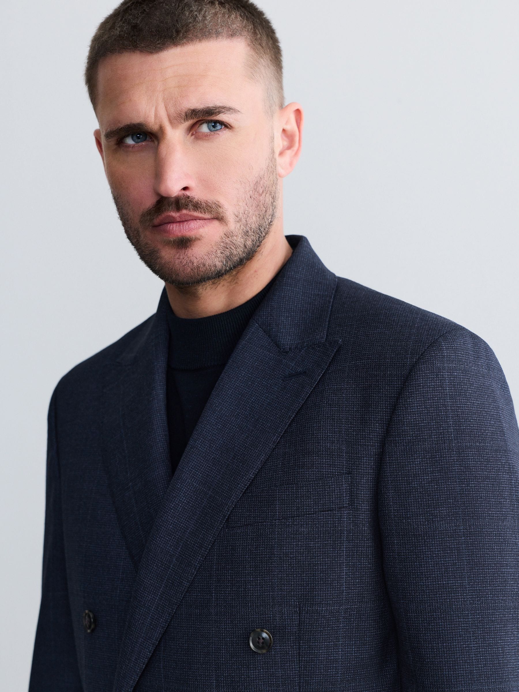 Donkerblauw - Signature Marzotto 100% Italian Wool Double Breasted Check Suit Jacket