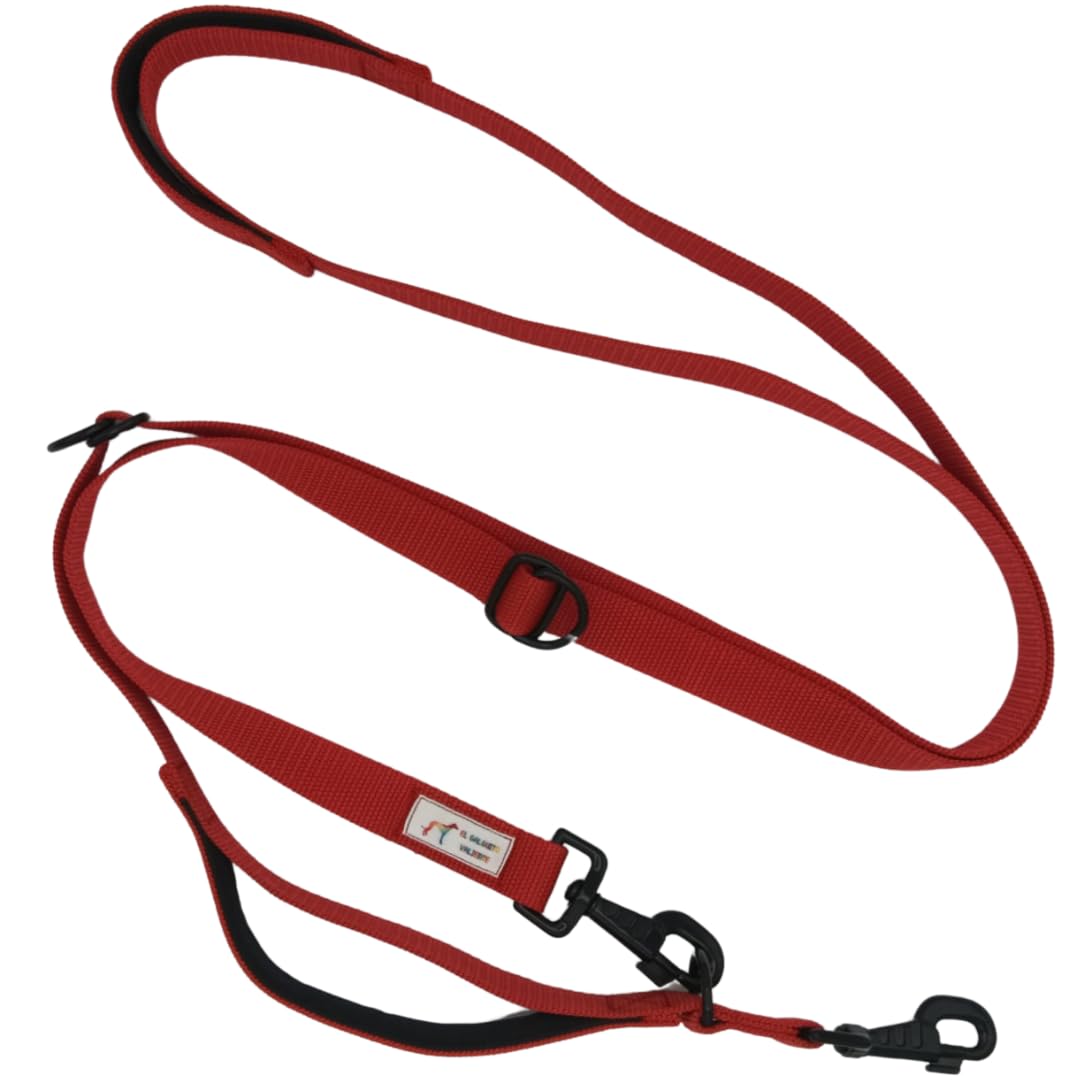 Guia para cães EGV com múltiplas posições e alça dupla de neoprene. Guia para cães que permite o uso com as mãos livres, com 2,5 metros de comprimento. (Vermelha)