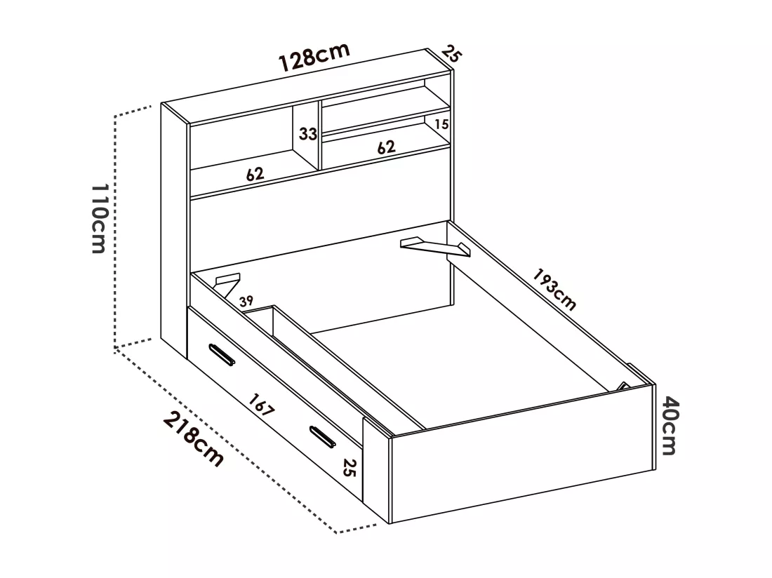 Lit 120 x 190 cm avec rangements - Coloris : Naturel et blanc + Sommier + Matelas - VARDIEL