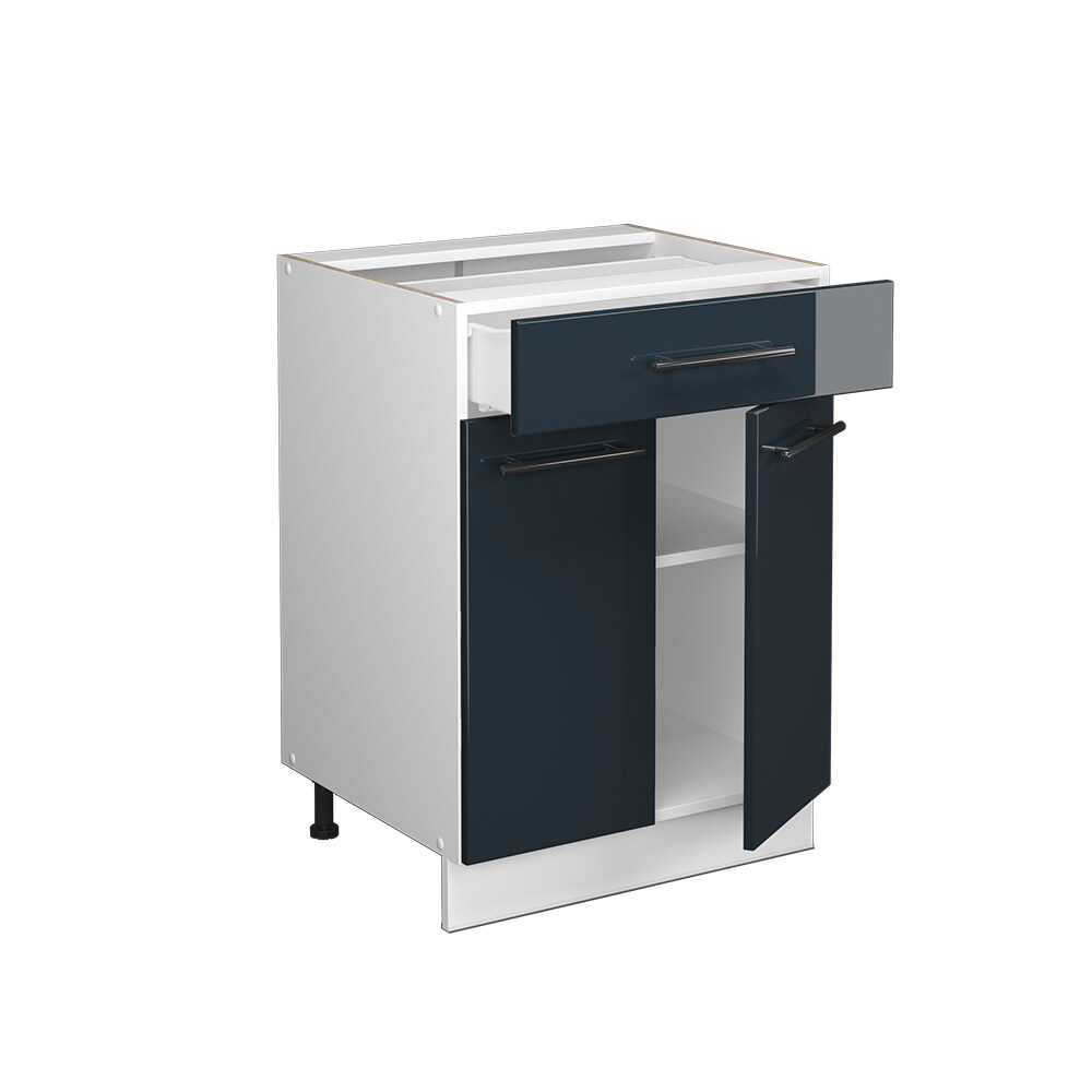 Vicco Schubunterschrank Fame-Line Weiß Dunkelblau Hochglanz 60 cm mit Arbeitsplatte Eiche