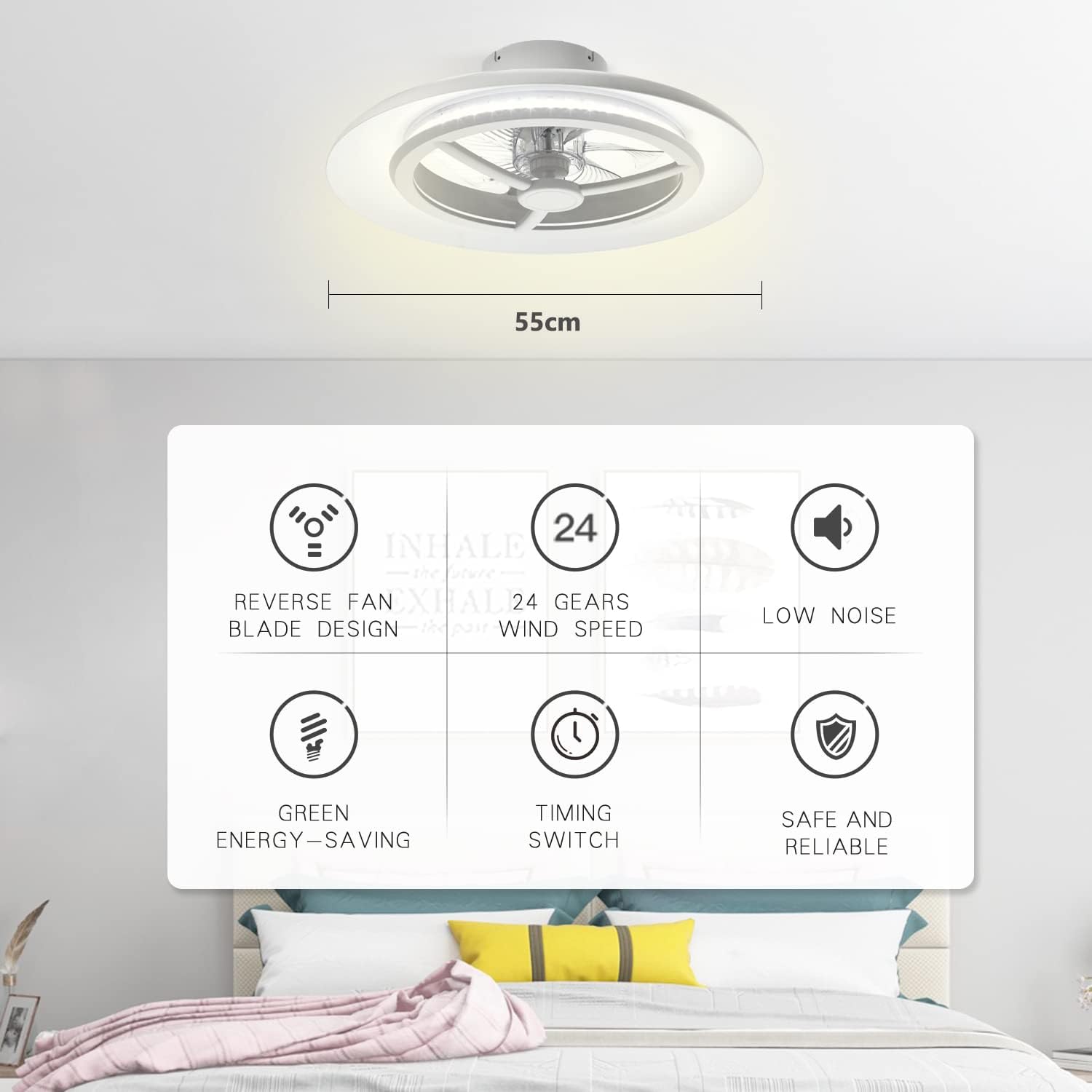 55cm Smart LED Deckenleuchte mit Ventilator, Deckenventilatorleuchten ohne Lampenschirm, Windgeschwindigkeiten einstellbar, dimmbares Licht, moderne Ventilatorbeleuchtung, 3000-5500K