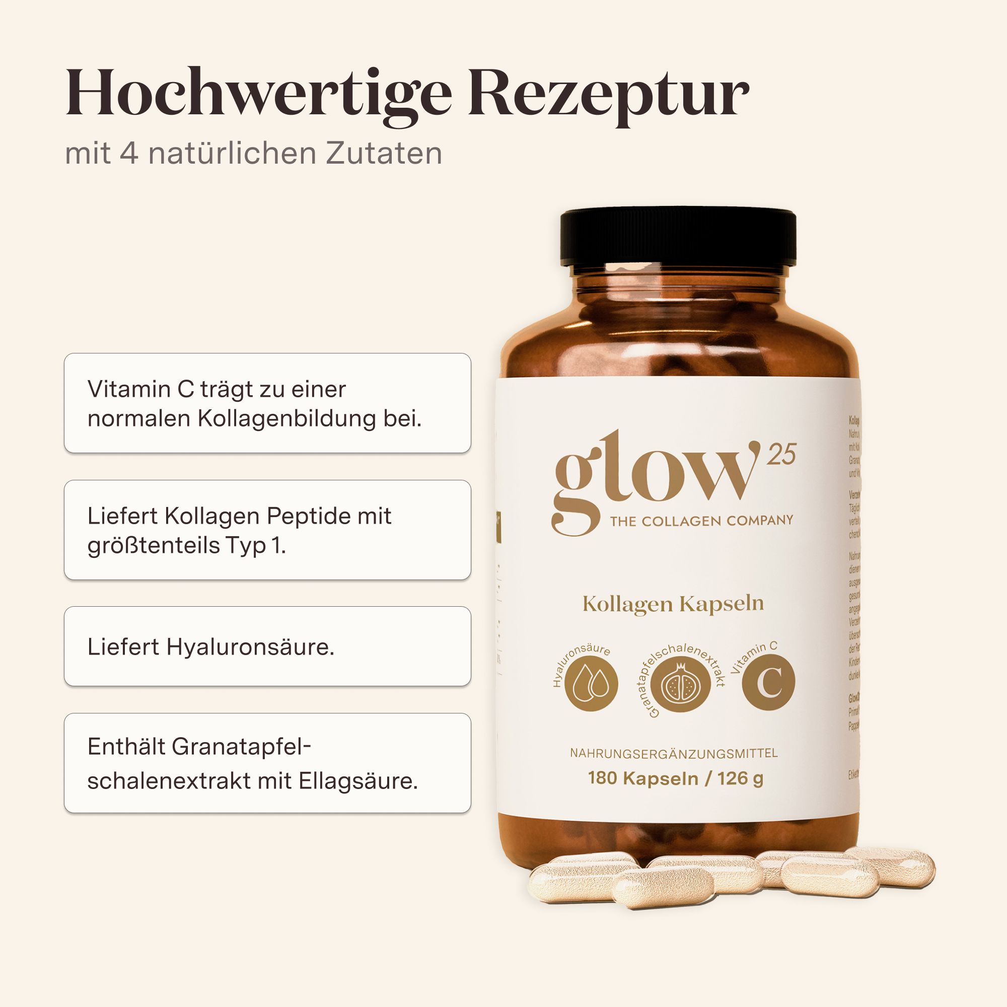 Glow25® Kollagen Kapseln hochdosiert [180 Kapseln] mit Hyaluronsäure und Vitamin C