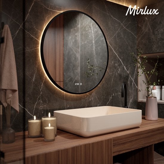 Mirlux badkamerspiegel met ledverlichting, ronde wandspiegel, anticondens douchespiegel, matzwart 80 cm