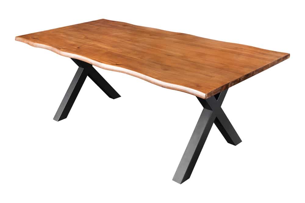 Massiver Esstisch GENESIS 160cm braun Akazienholz schwarz X-Gestell Baumkante