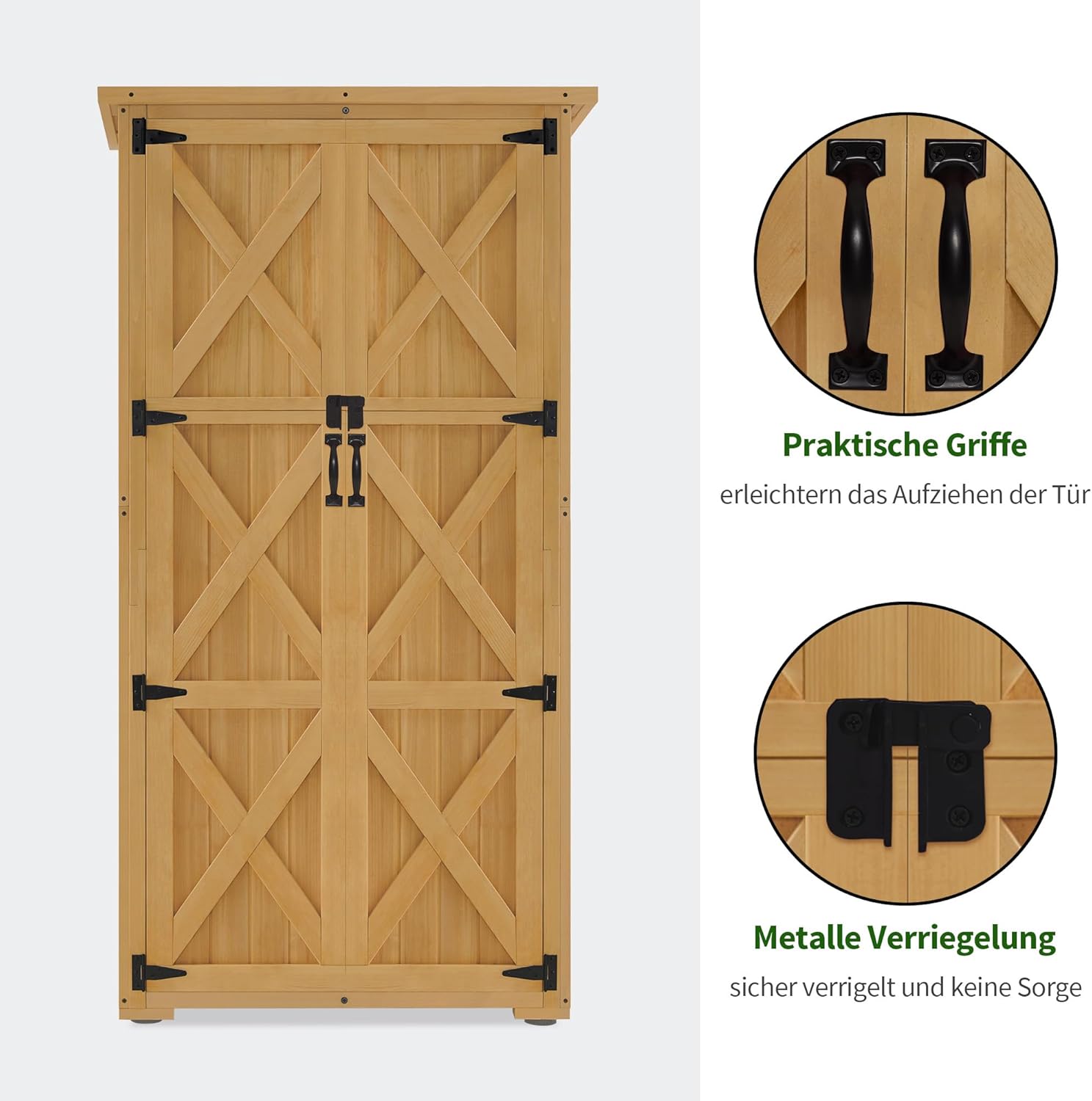 M MCombo Holz Gartenschrank, Outdoor Gerätehaus Geräteschuppen, Gartenhaus Klein Wetterfest, für Außenbereich Balkon Terrasse, 55×90×169cm, 0878 (Natur)