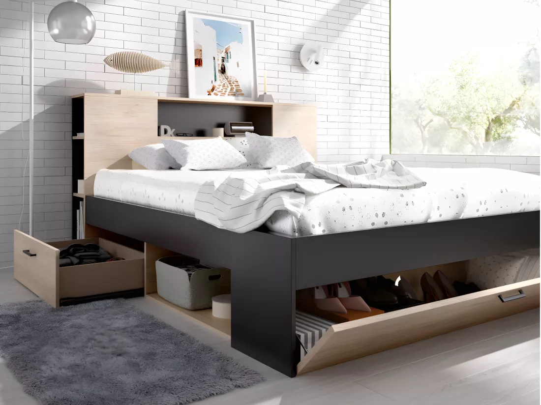 Lit avec tête de lit rangements et tiroirs - 160 x 200cm - Coloris : Naturel et anthracite - LEANDRE