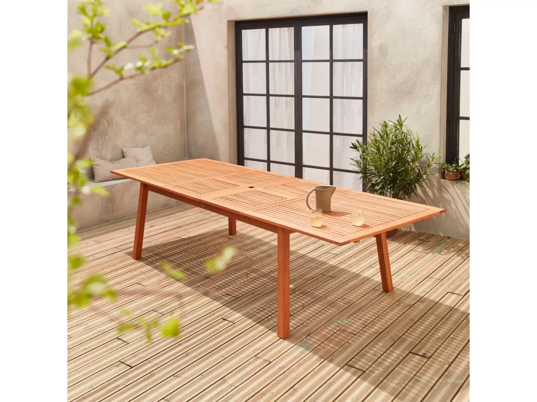 Table de jardin en bois 200-250-300cm - Almeria - Grande table rectangulaire avec allonge eucalyptus. Intérieur / Extérieur
