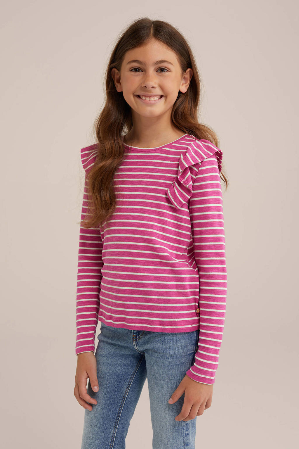 WE Fashion gestreepte longsleeve roze/wit