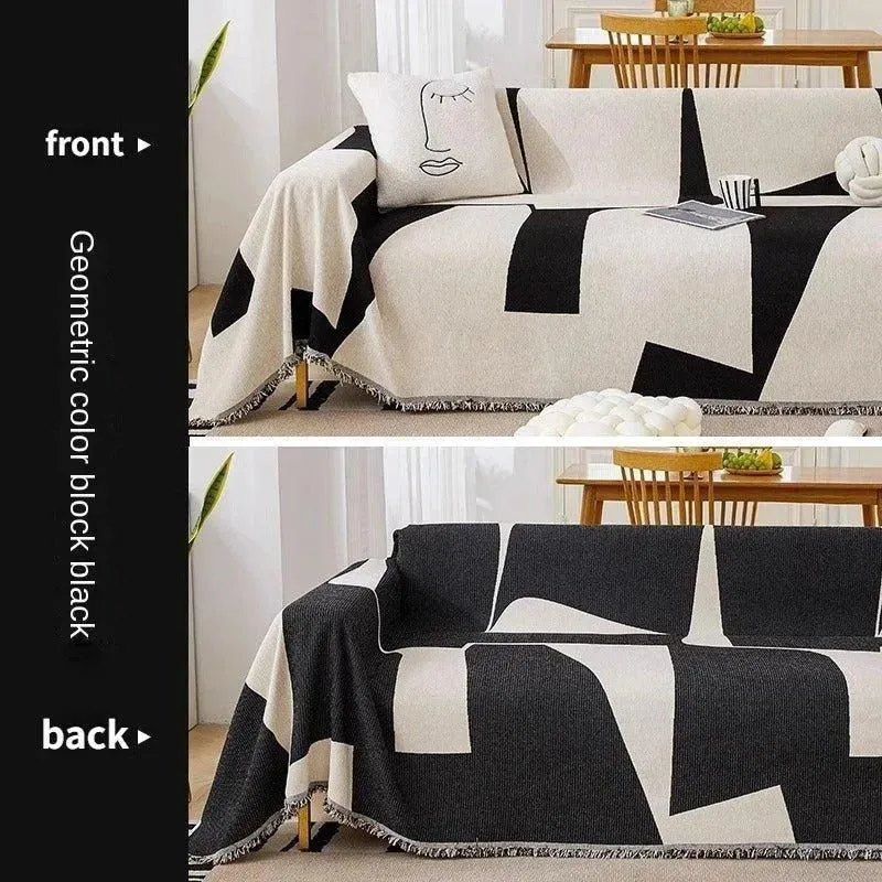 3 Chenille Line Pattern Throw Blanket with Tassel | Simple Nordic Jacquard Reversible Double Sided Sofa Cover