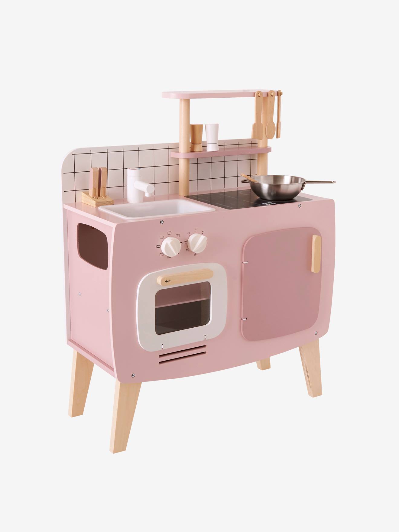 Cozinha de brinquedo de design, feita de madeira cor caramelo com certificação FSC®.