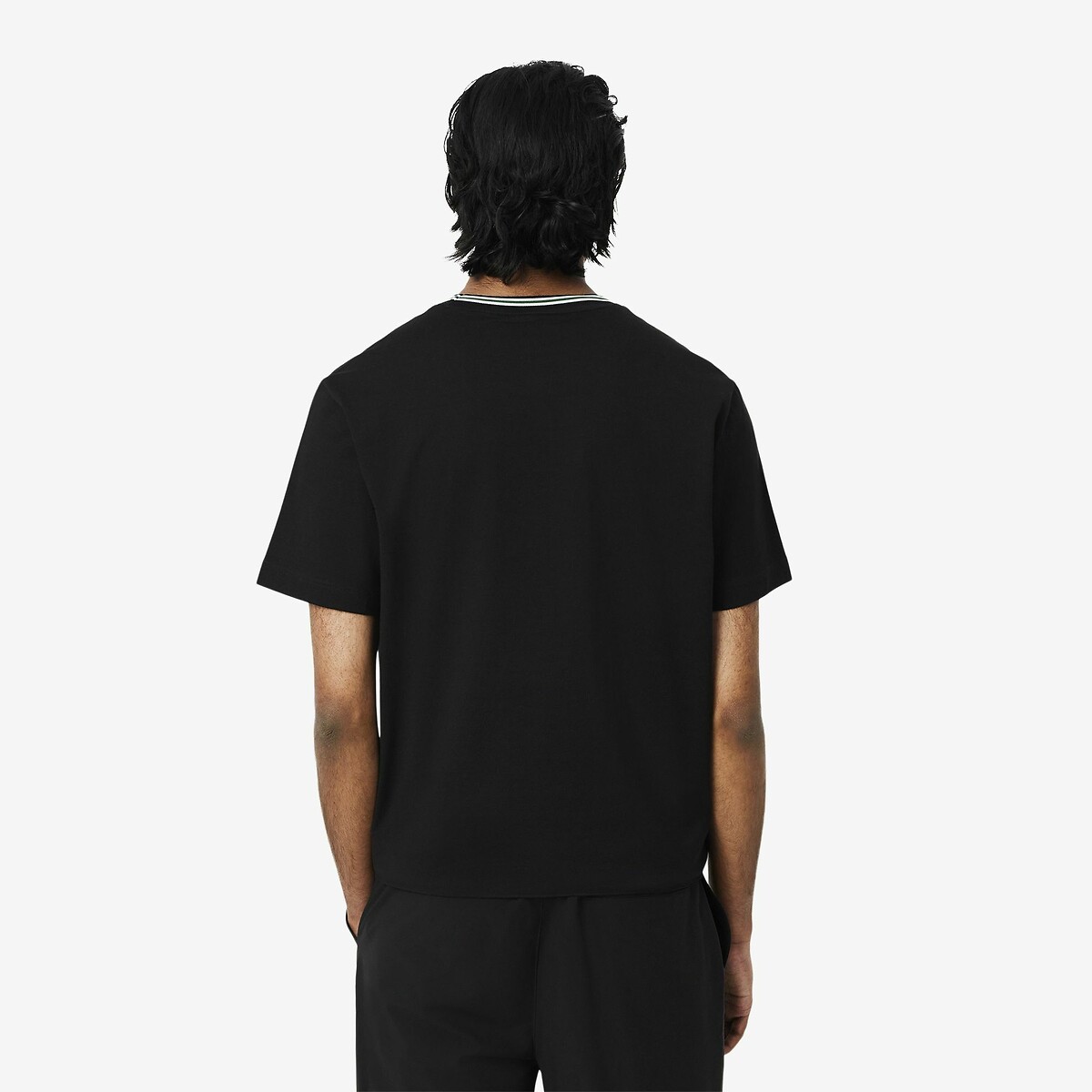 Camiseta LACOSTE com listras na gola. Modelagem regular.