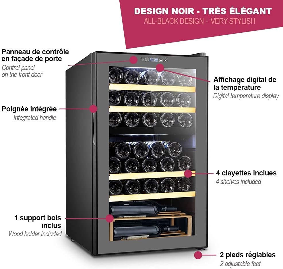 La Sommelière - Cave à Vin SLS33DZ de Service Double Zone - Cave à Vin 33 Bouteilles - Système Anti-Vibration et Hygrométrie Régulée - Noire avec Éclairage Intérieur LED