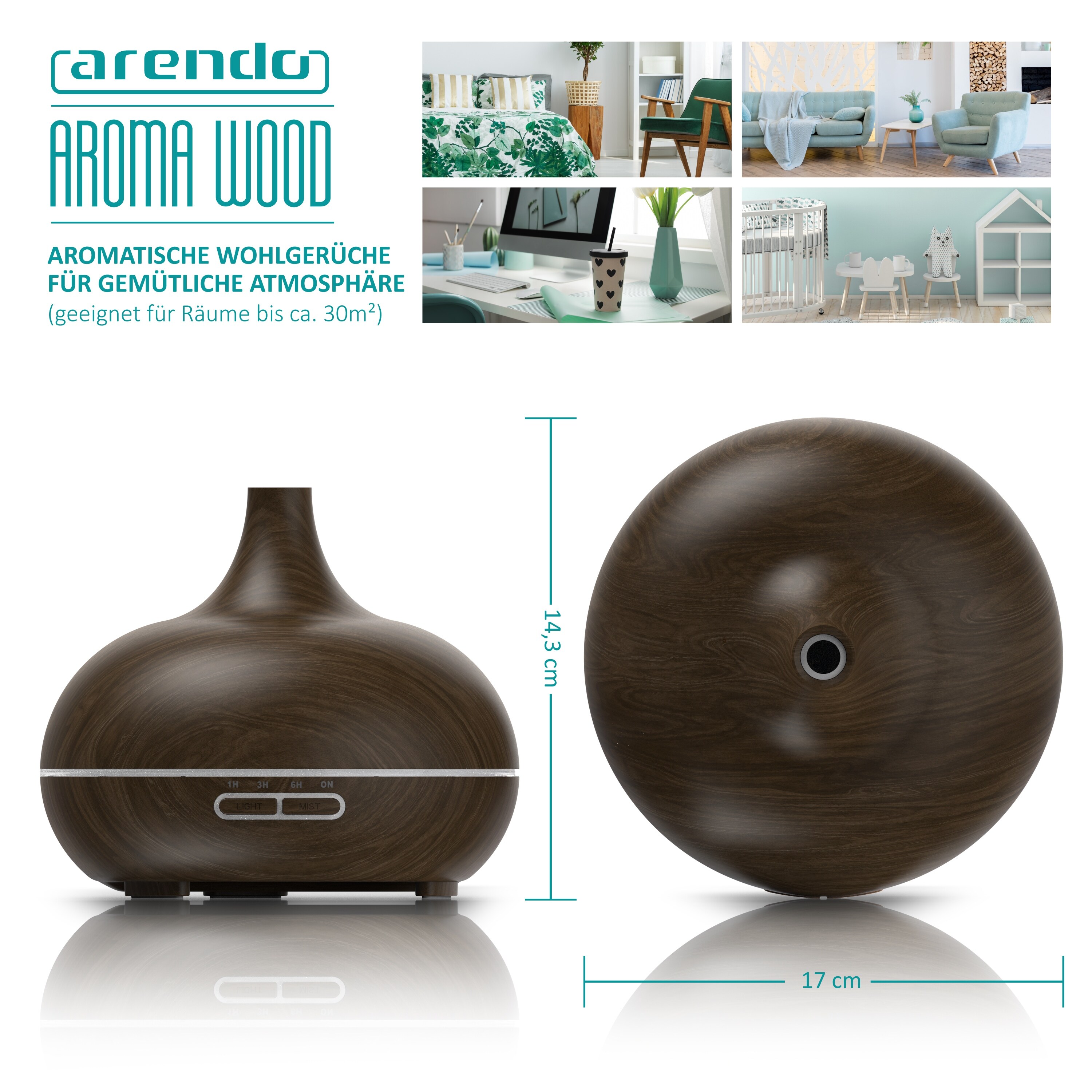 Arendo Luftbefeuchter, Aroma Diffuser in Holz Design mit LED, Diffusor, Timer Funktion, 7-Farben Wechsel, 300ml, Dunkelbraun