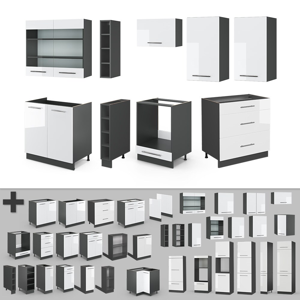 Vicco Küchenzeile Küchenblock Einbauküche Fame-Line Anthrazit Weiß 235 cm modern Hochglanz Küchen Schränke Hängeglasschrank Hängeschrank Schubladenunterschrank Spülenunterschrank Herdumbauschrank