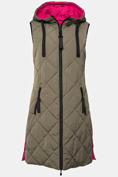 Wende-Weste, lange Form, Stepp, Kapuze, 2-Wege-Zipper