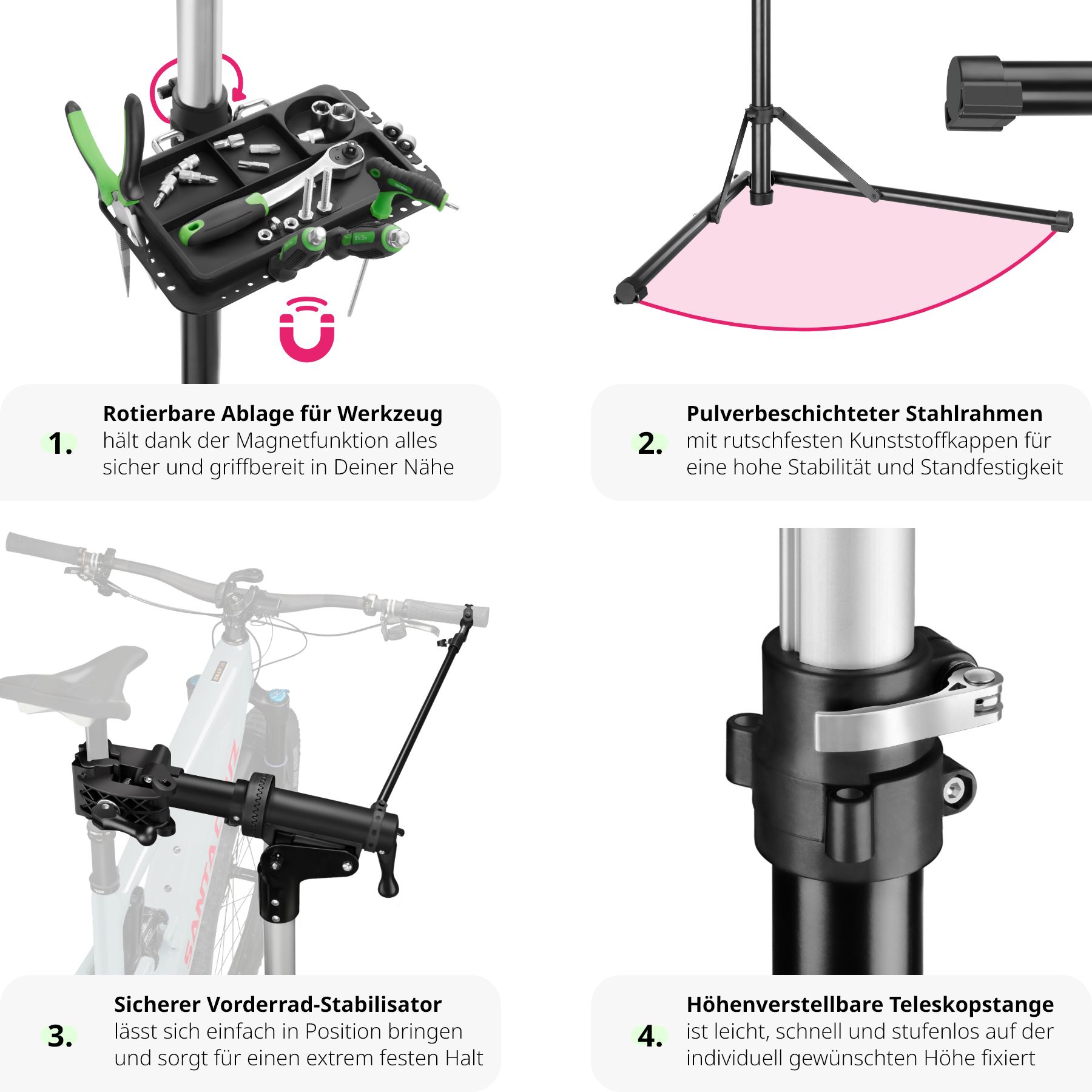 tectake® Fahrradmontageständer, Belastbarkeit 50 kg, klappbar mit Schnellverschlüssen, lackschonend, inklusive Vorderrad-Stabilisator und magnetischer Werkzeugablage