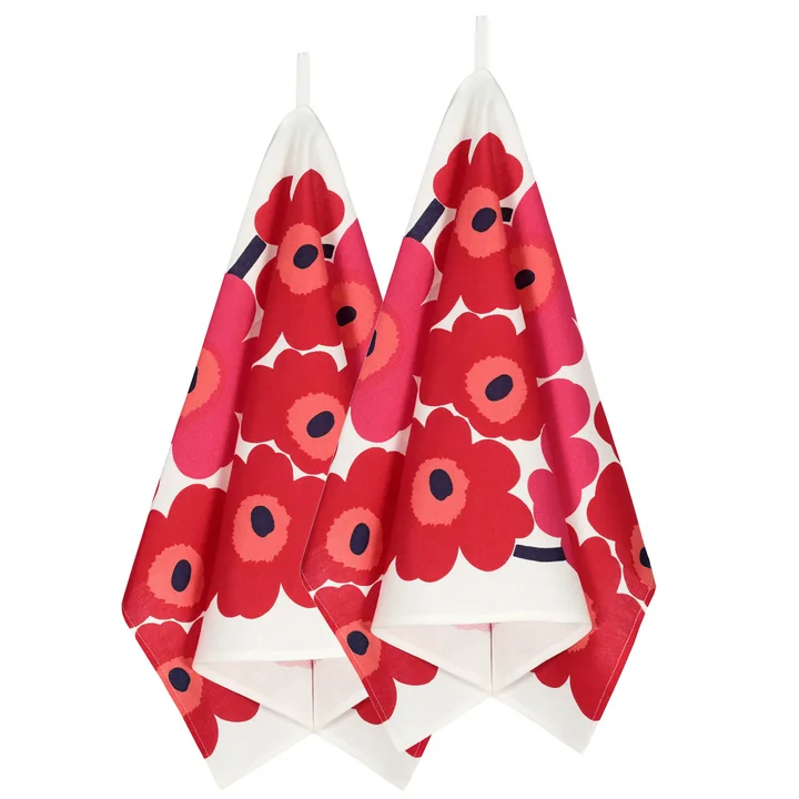 Marimekko - Unikko Geschirrtuch, 2er-Set, weiss / rot