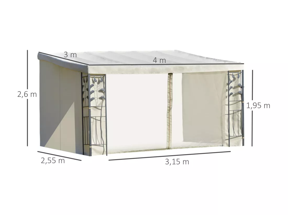 Pergola adossable dim. 4L x 3l x 2,7H m pavillon de jardin toile polyester haute densité moustiquaires crème structure métal époxy gris