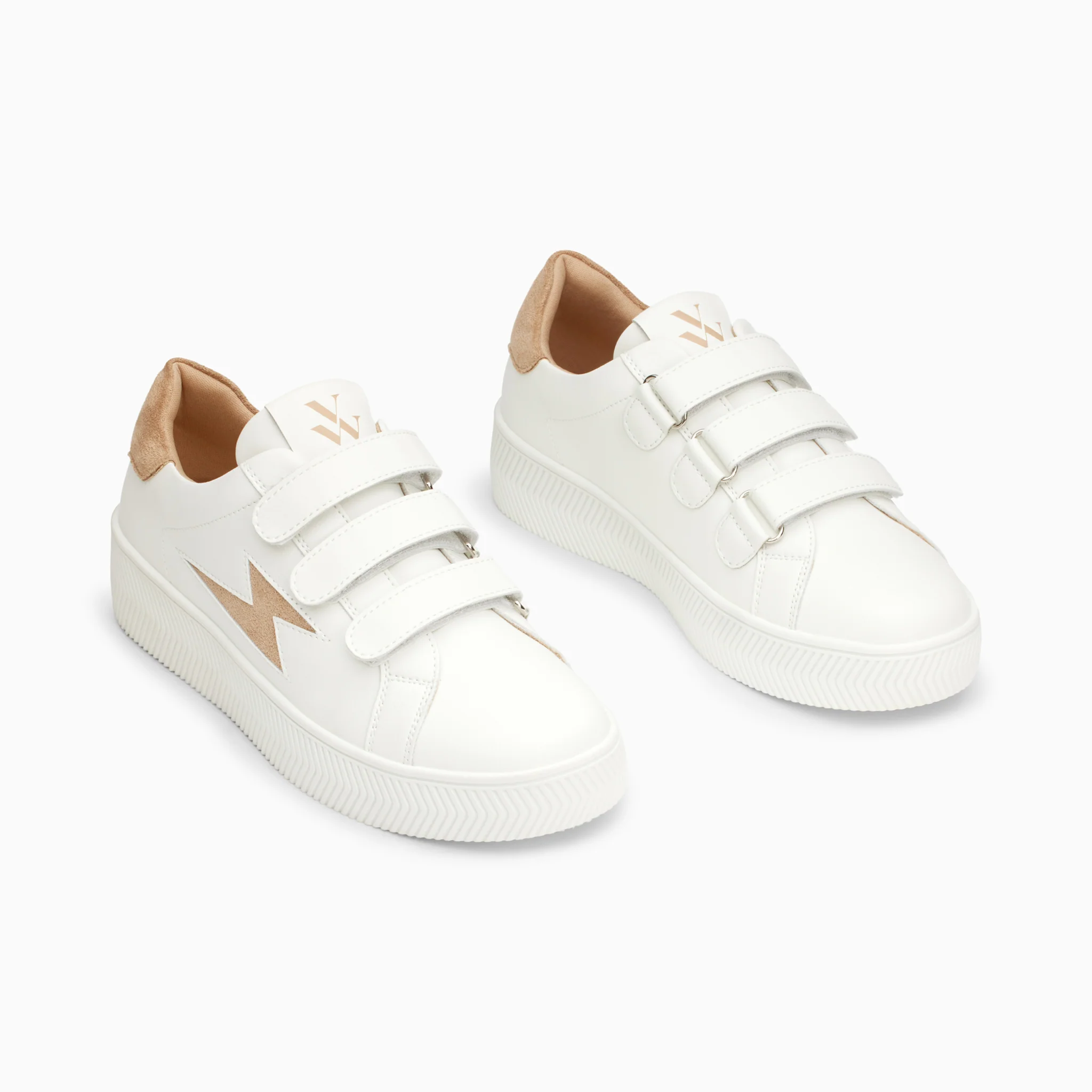 Sneakers-Baskets éclair Camelia blanc et beige à scratchs