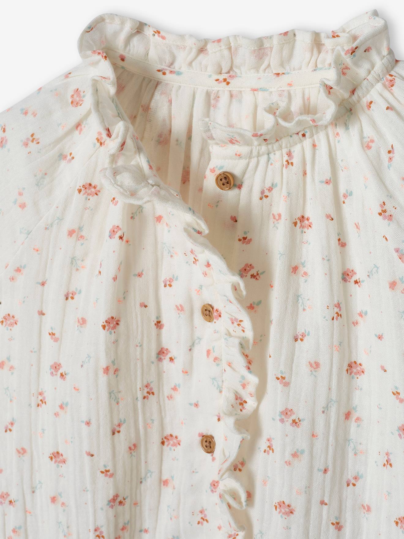 Blusa infantil de chiffon de algodão com babados e estampa floral, cor terracota personalizável.