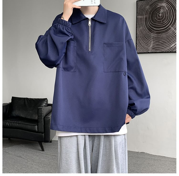 POSI - Sweatshirt met lange mouwen, effen polohals en halve rits