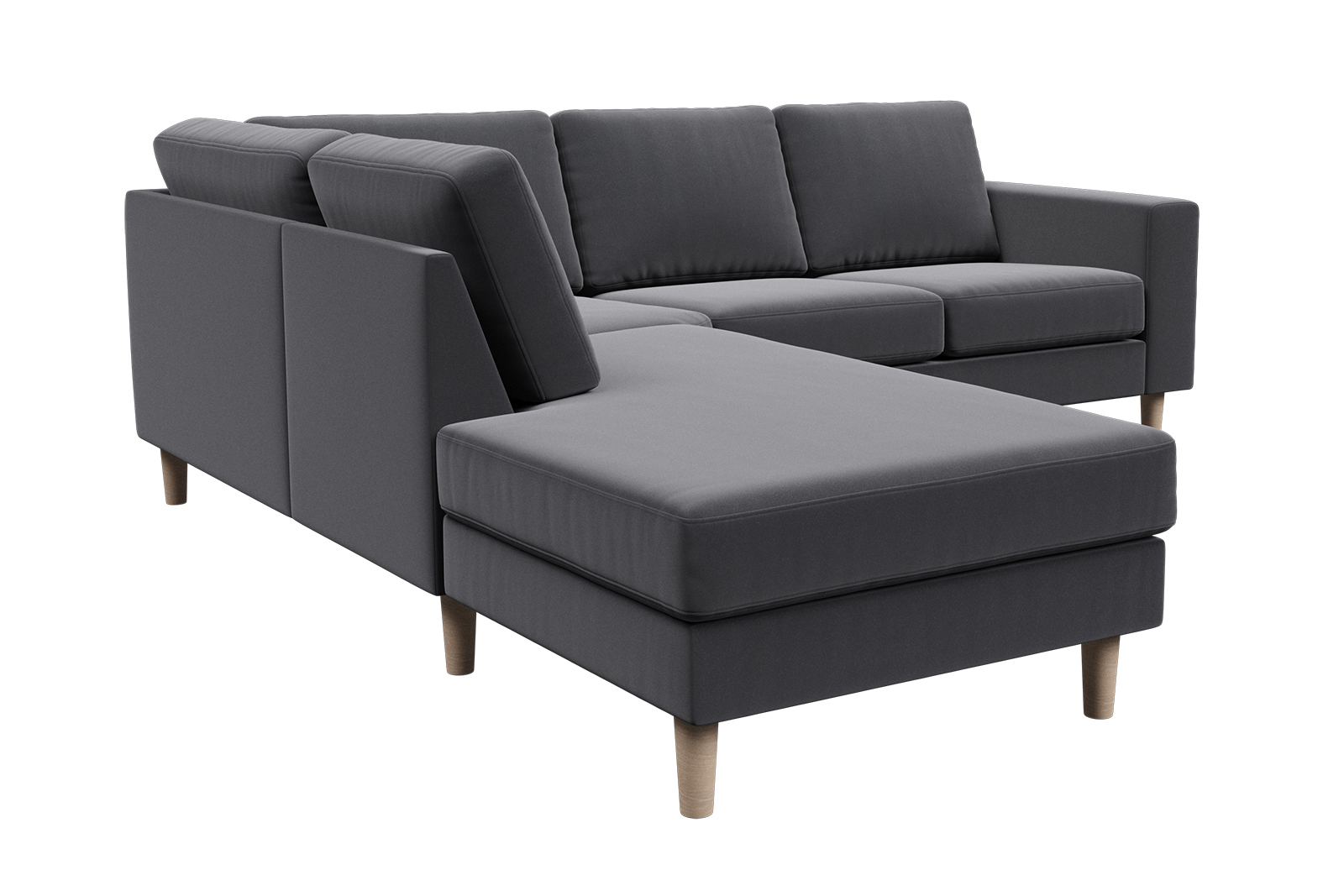 Hedda sofa Hjørnesofa 2,5-seter åpen ende venstre i tekstil Matt Velvet 97 grey, arm F 18 cm og ben 1 hvitoljet eik.