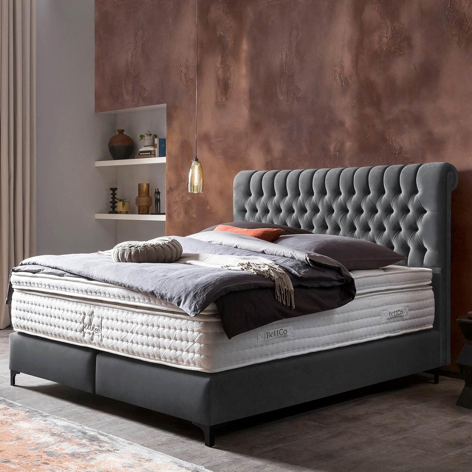 Premium Boxspringbett Chester 180x200 Velours, ohne Visco-Topper, Hotelbett, ohne Bettkasten, 7 Zonen Taschenfederkern-Matratze, Aufbau KOSTENLOS (Dunkelgrau, 180x200 cm ohne Topper)