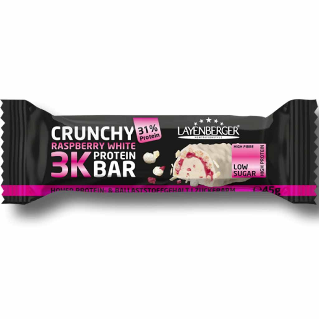 15x Layenberger 3K Protein Riegel Crunchy Raspberry White á 45g=675g MHD:30.6.25