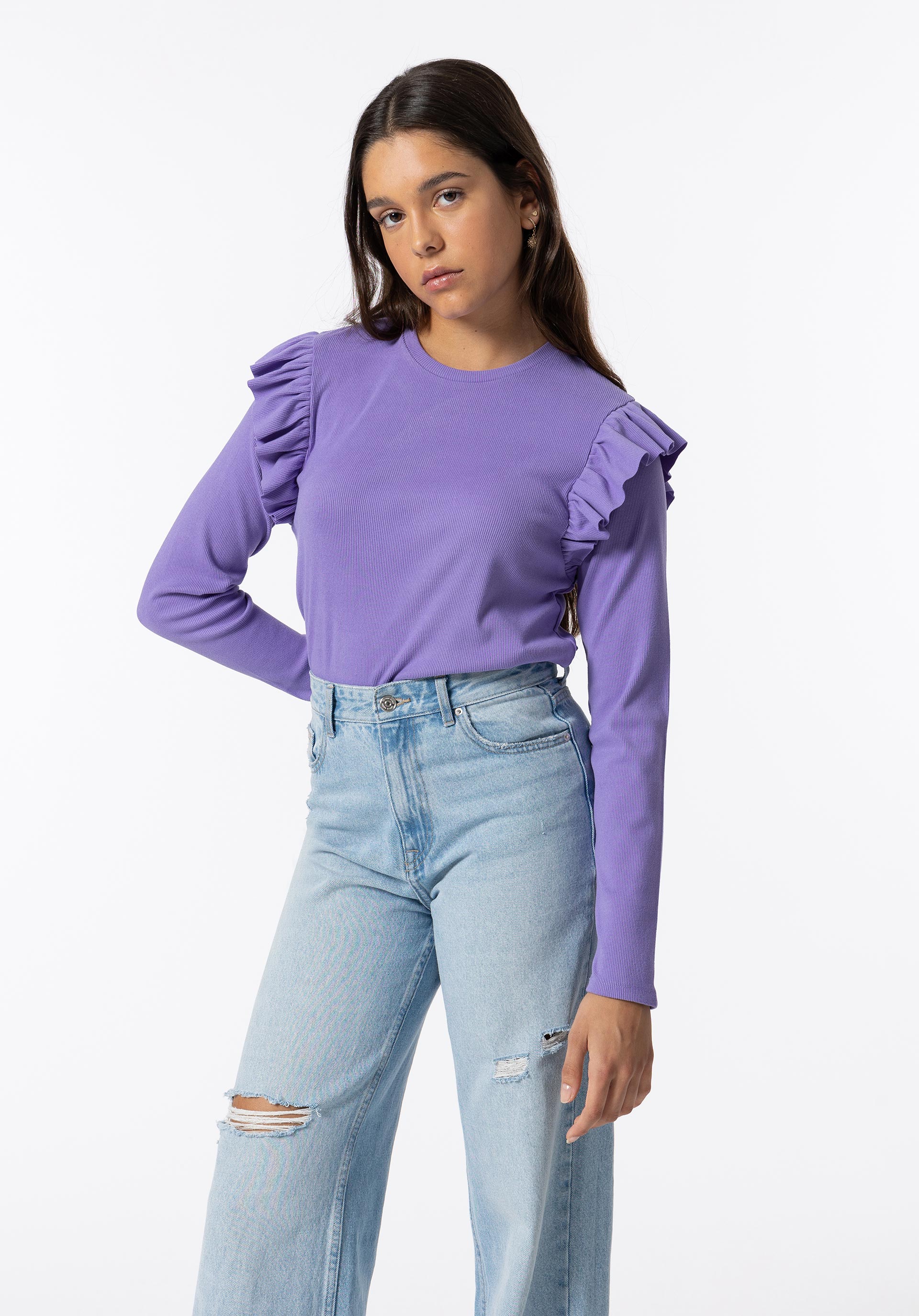 T-shirt Canelada com Folhos Toque Suave