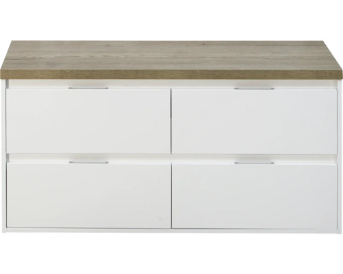Porto wastafelmeubel 120 cm met werkblad, 4 laden, hoogglans wit / eiken naturel